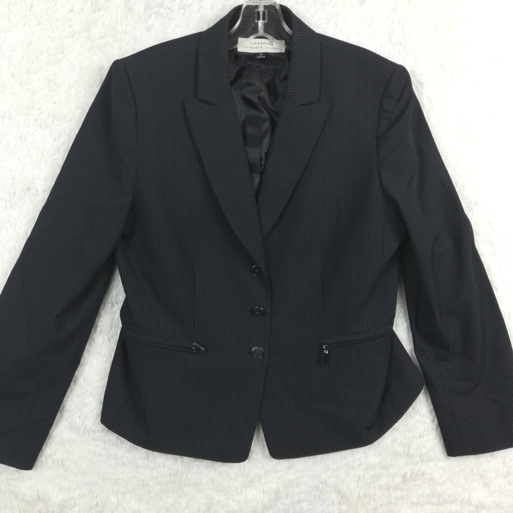 Tahari Womens Blazer Jacket Navy Blue Pinstripe 3 Button Notch Collar Career 12